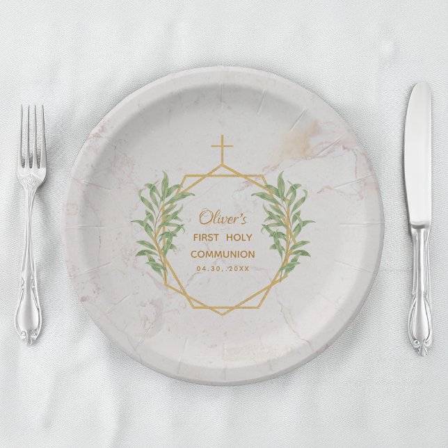 Plato De Papel Primera Comunión Verde Follaje Oro Botánico Geomét (Subido por el creador)