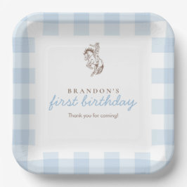 Plato De Papel Primera Cumpleaños de Vaquero con Gingham Azul 