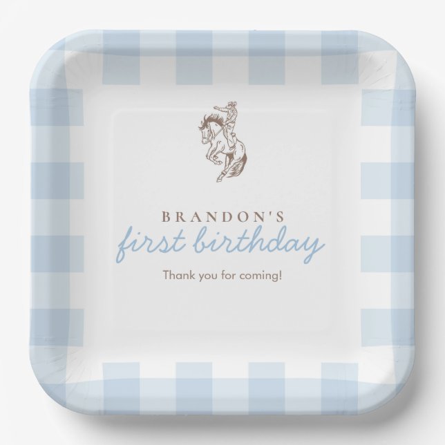 Plato De Papel Primera Cumpleaños de Vaquero con Gingham Azul  (Anverso)