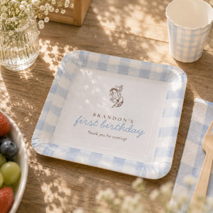 Plato De Papel Primera Cumpleaños de Vaquero con Gingham Azul
