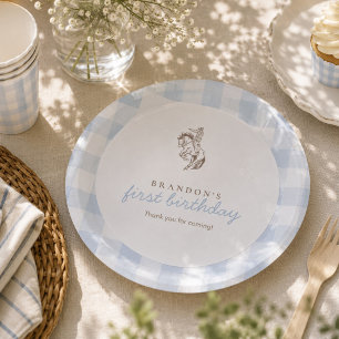 Plato De Papel Primera Cumpleaños de Vaquero Rodeo Azul Gingham P