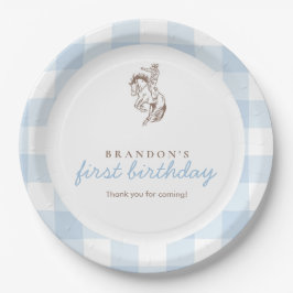 Plato De Papel Primera Cumpleaños de Vaquero Rodeo Azul Gingham P