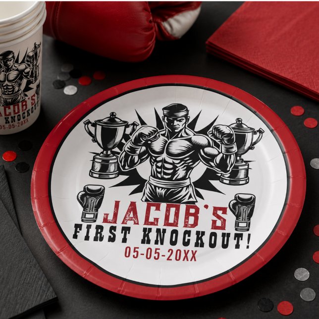 Plato De Papel Primera fiesta de cumpleaños de boxeo por knockout (First Knockout Boxing Birthday Party Paper Plates)