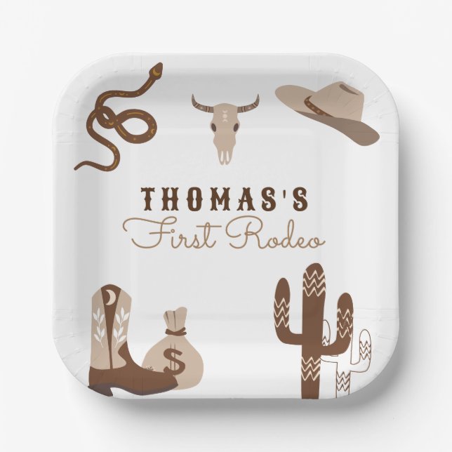 Plato De Papel Primera fiesta de cumpleaños de Rodeo Cowboy (Anverso)