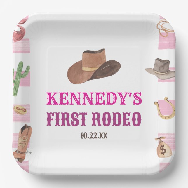 Plato De Papel Primera fiesta de cumpleaños de Rodeo Cowgirl (Anverso)