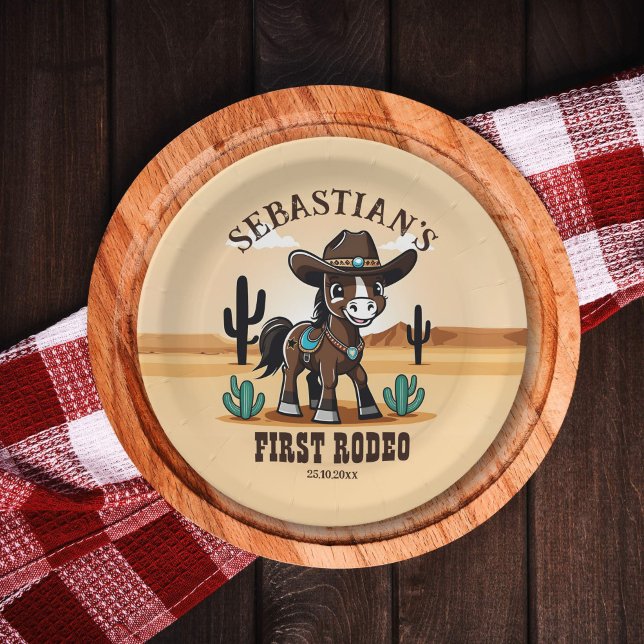 Plato De Papel Primera fiesta de cumpleaños de Rodeo lindo cowboy (First rodeo western birthday party tableware personalized plates cute cowboy baby horse Arizona)
