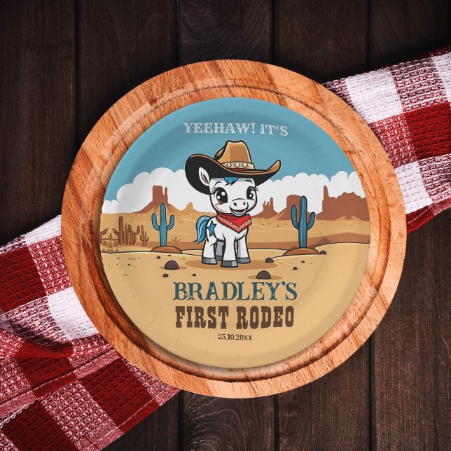 Plato De Papel Primera fiesta de cumpleaños de Rodeo lindo cowboy (First rodeo birthday party tableware cowboys western themed birthday personalized plates cute horse)