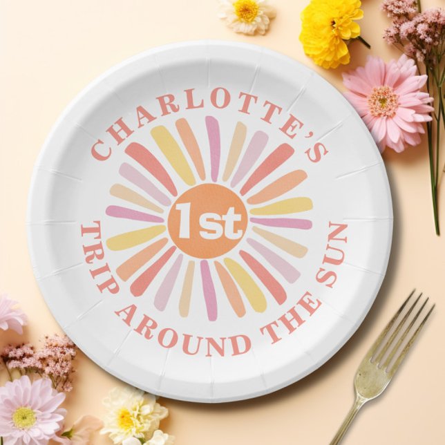 Plato De Papel Primera Fiesta de Cumpleaños Personalizada alreded (Custom First Trip Around Sun 1st Birthday Party Paper Plates)