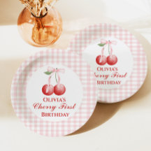 Primero cumpleaños de cereza lazo rosa gingham