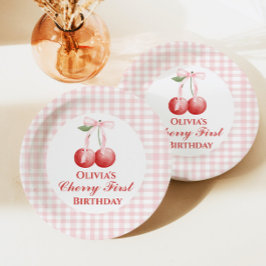 Plato De Papel Primero cumpleaños de cereza lazo rosa gingham