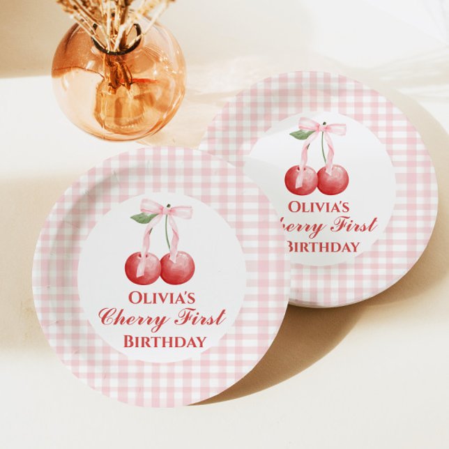 Plato De Papel Primero cumpleaños de cereza lazo rosa gingham (Subido por el creador)