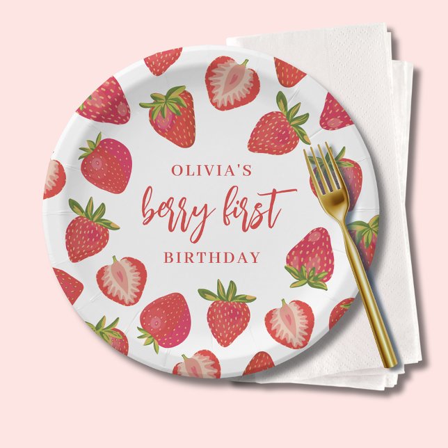 Plato De Papel Primeros Chicas de fresa Berry Cumpleaños Personal (Strawberry berry first birthday paper plates and matching party decor.)