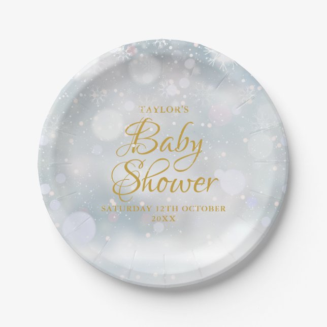 Plato De Papel Primeros copos de nieve Baby Shower / Sprinkle (Anverso)