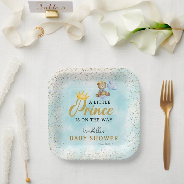 Plato De Papel Prince Prince Blue & Gold Boy Baby Shower (Boda)