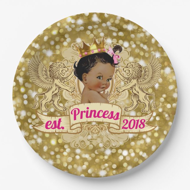 Plato De Papel Princesa africana Pink y placas del purpurina del (Anverso)