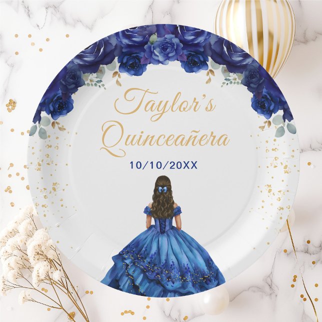 Plato De Papel Princesa Azul Oscura Floral Quinceañera (Subido por el creador)