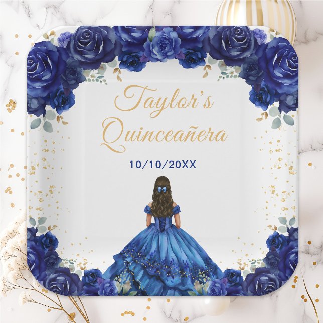 Plato De Papel Princesa Azul Oscura Floral Quinceañera (Subido por el creador)