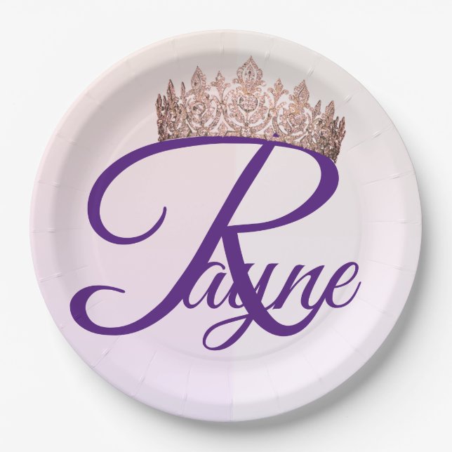 Plato De Papel Princesa bonita Pink Crown Monogram (Anverso)