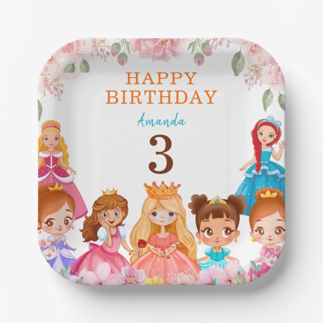 Plato De Papel Princesa Chicas rosados Cumpleaños tercera placa d (Anverso)