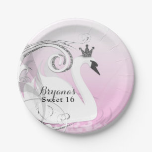 Plato De Papel Princesa Cisne Blanca Plateada Rosa Baby Shower