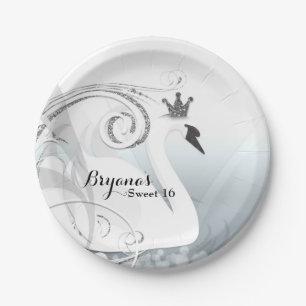 Plato De Papel Princesa Cisne Plateada y Blanca Fiesta Personaliz