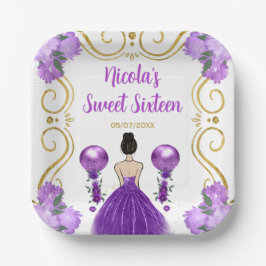 Plato De Papel Princesa de cabello dulce y marrón en morado