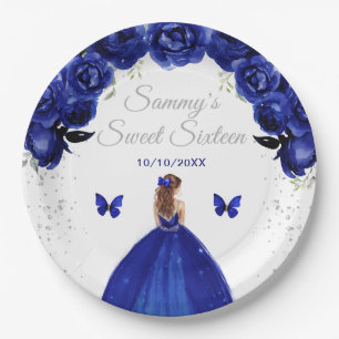 Plato De Papel Princesa de cabello marrón azul oscuro Sweet Sixte