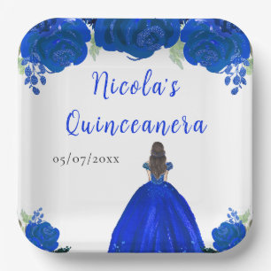 Plato De Papel Princesa de Cabello Marrón Quinceañera Floral Azul