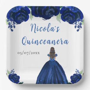 Plato De Papel Princesa de Cabello Marrón Quinceañera Floral Azul