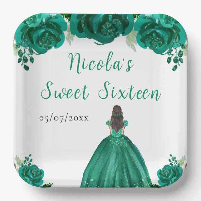 Plato De Papel Princesa de Cabello Marrón Verde Floral Dulces Die (Anverso)