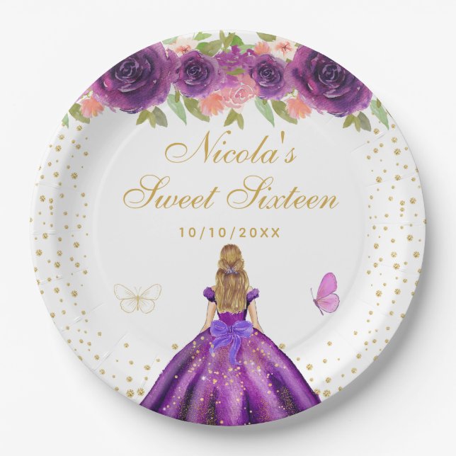Plato De Papel Princesa de Cabello Rubio con Flores Purpúreas Cum (Anverso)