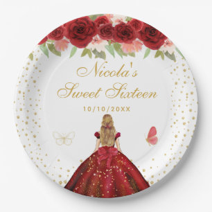 Plato De Papel Princesa de Cabello Rubio Floral Rojo Dulce Diecis