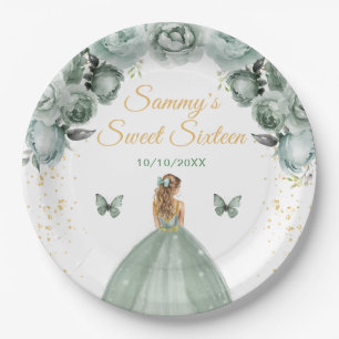 Plato De Papel Princesa de Cabello Rubio Verde Salvia Cumpledieci