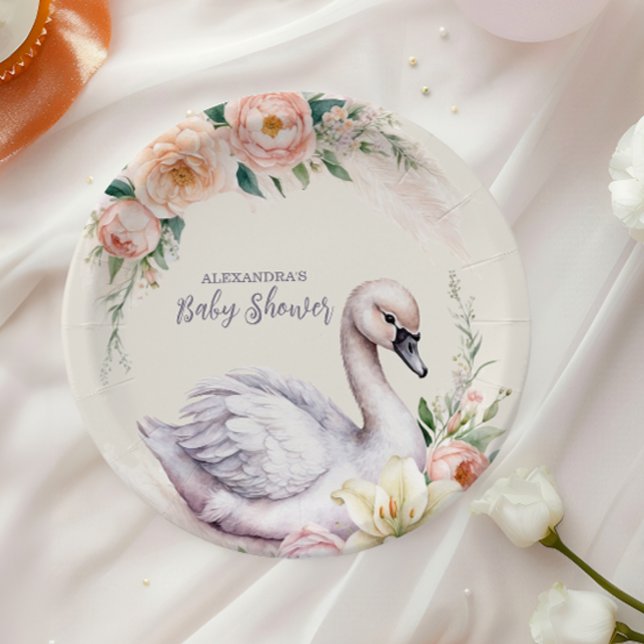 Plato De Papel Princesa de cisne floral rosa Rubor Baby Shower (Subido por el creador)