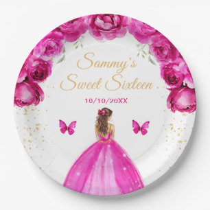 Plato De Papel Princesa de dieciséis años con cabello marrón rosa
