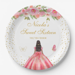 Plato De Papel Princesa de Dieciséis Años con Floral Rosa y Piel