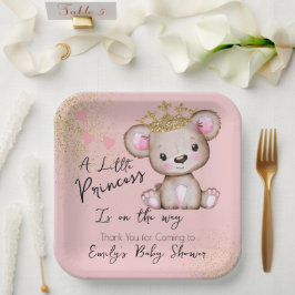 Plato De Papel Princesa de ducha de bebé oso rosa brillante