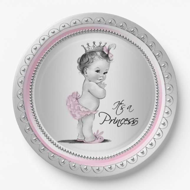 Plato De Papel Princesa de época Baby Shower Plata rosa (Anverso)