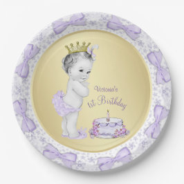 Plato De Papel Princesa de Oro de Lavanda Púrpura Primer Fiesta d