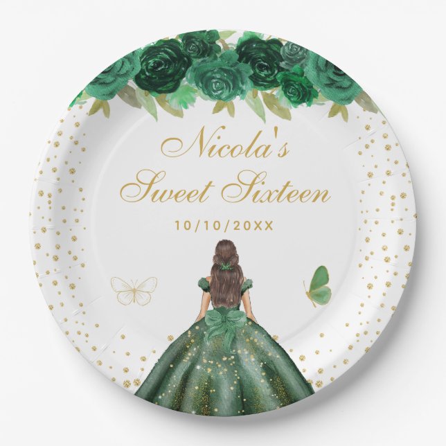 Plato De Papel Princesa de pelo castaño con flores verdes Dulces  (Anverso)