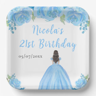Plato De Papel Princesa de pelo castaño fiesta de cumpleaños flor