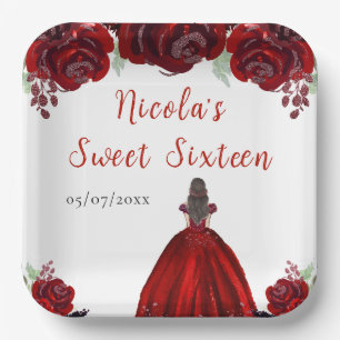 Plato De Papel Princesa de pelo marrón Dulce Floral Rojo Dieciséi