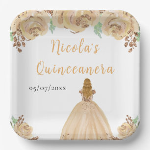Plato De Papel Princesa de pelo rubio Quinceañera floral