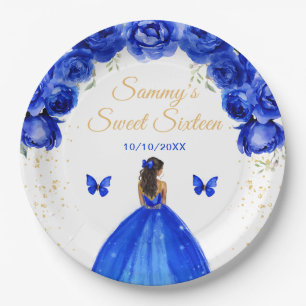 Plato De Papel Princesa de piel oscura azul oscuro Sweet Sixteen