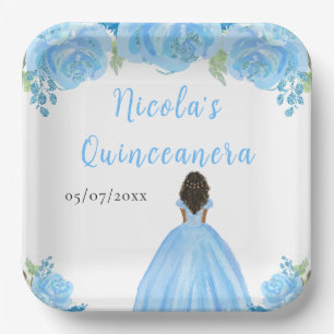 Plato De Papel Princesa de Piel Oscura Quinceañera Floral Azul