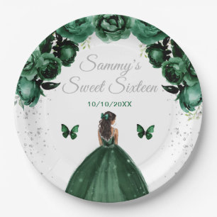 Plato De Papel Princesa de piel oscura y vestido verde oscuro Swe