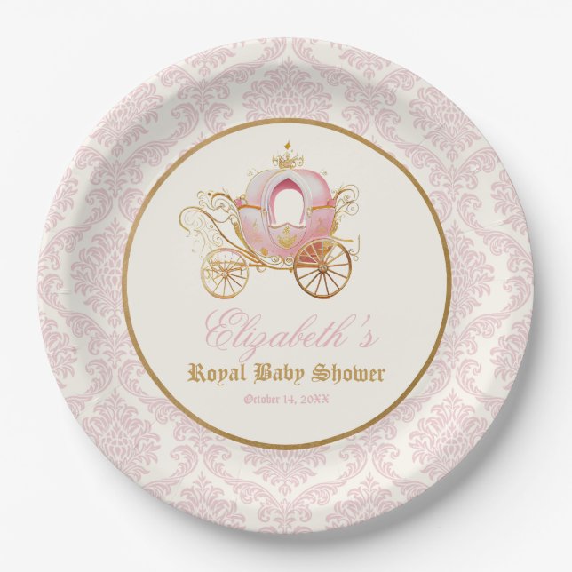 Plato De Papel Princesa de transporte rosa Baby Shower de cuento  (Anverso)