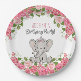 Plato De Papel Princesa Elefante Tiara Niña Rosa Cumpleaños