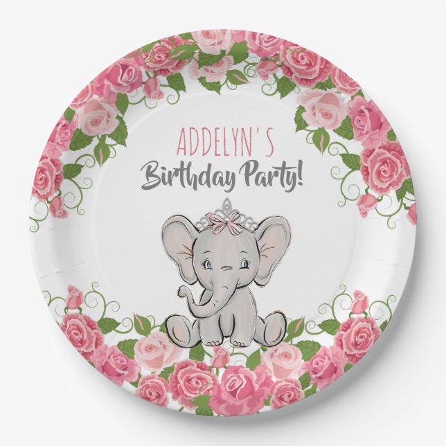 Plato De Papel Princesa Elefante Tiara Niña Rosa Cumpleaños (Anverso)