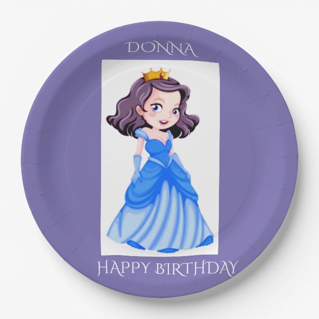Plato De Papel Princesa feliz cumpleaños con placas de nombres pe (Anverso)